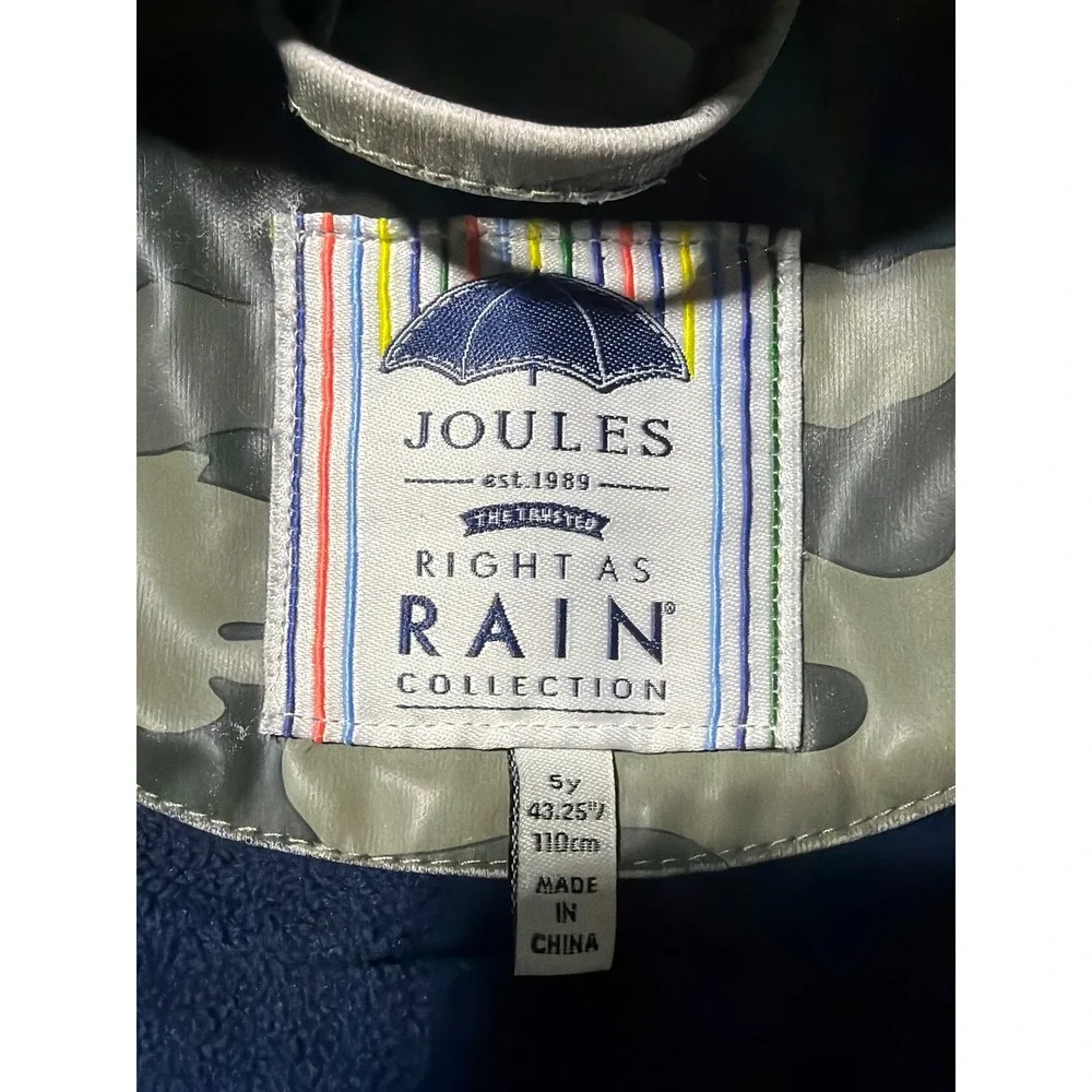 Joules Kids Camouflage Rain Jacket Green Camo Hooded Fleece Lined Coat Size 5